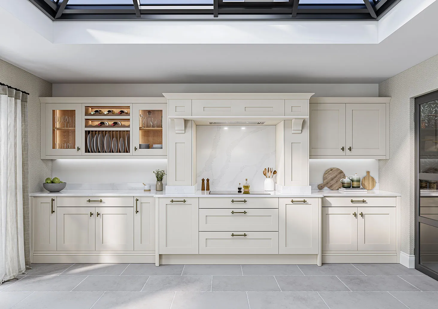 A kitchen with a skylight and white cabinets.