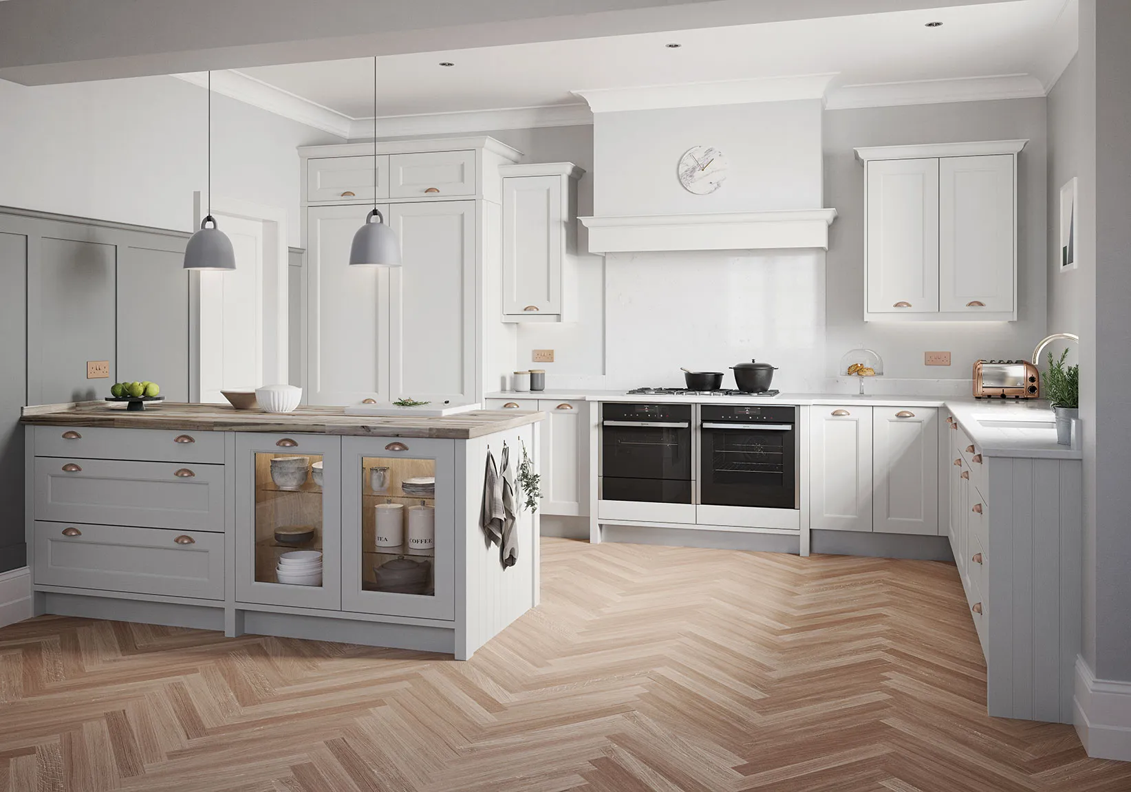 A large kitchen with white cabinets and wood floors.